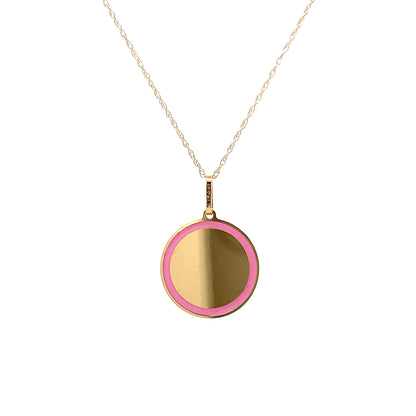Pink Enamel Disc Pendant Necklace in 14k Yellow Gold