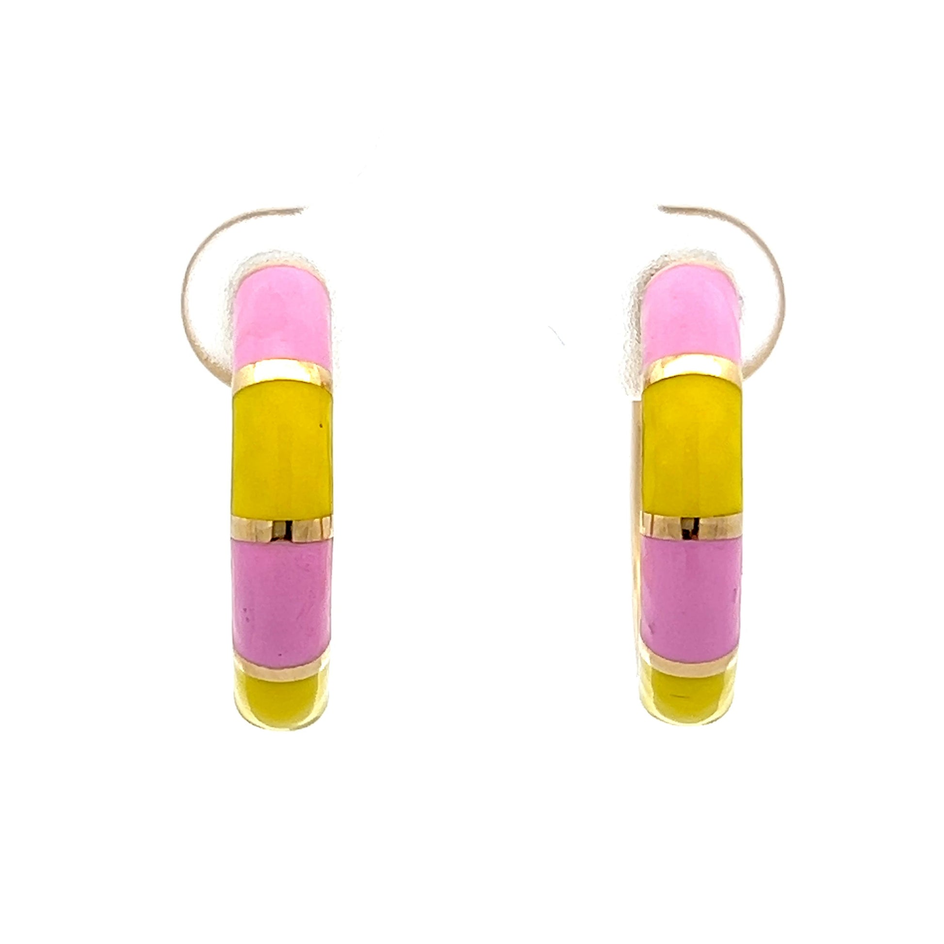 Pink & Yellow Enamel Hoop Earrings in 14k