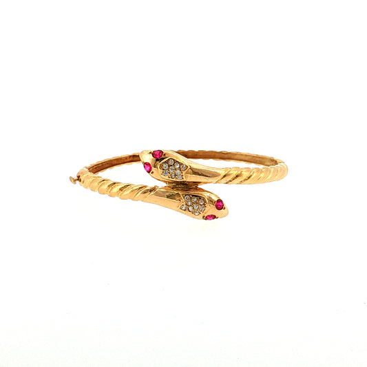 Ruby & Diamond Snake Bangle Bracelet 18k Yellow Gold