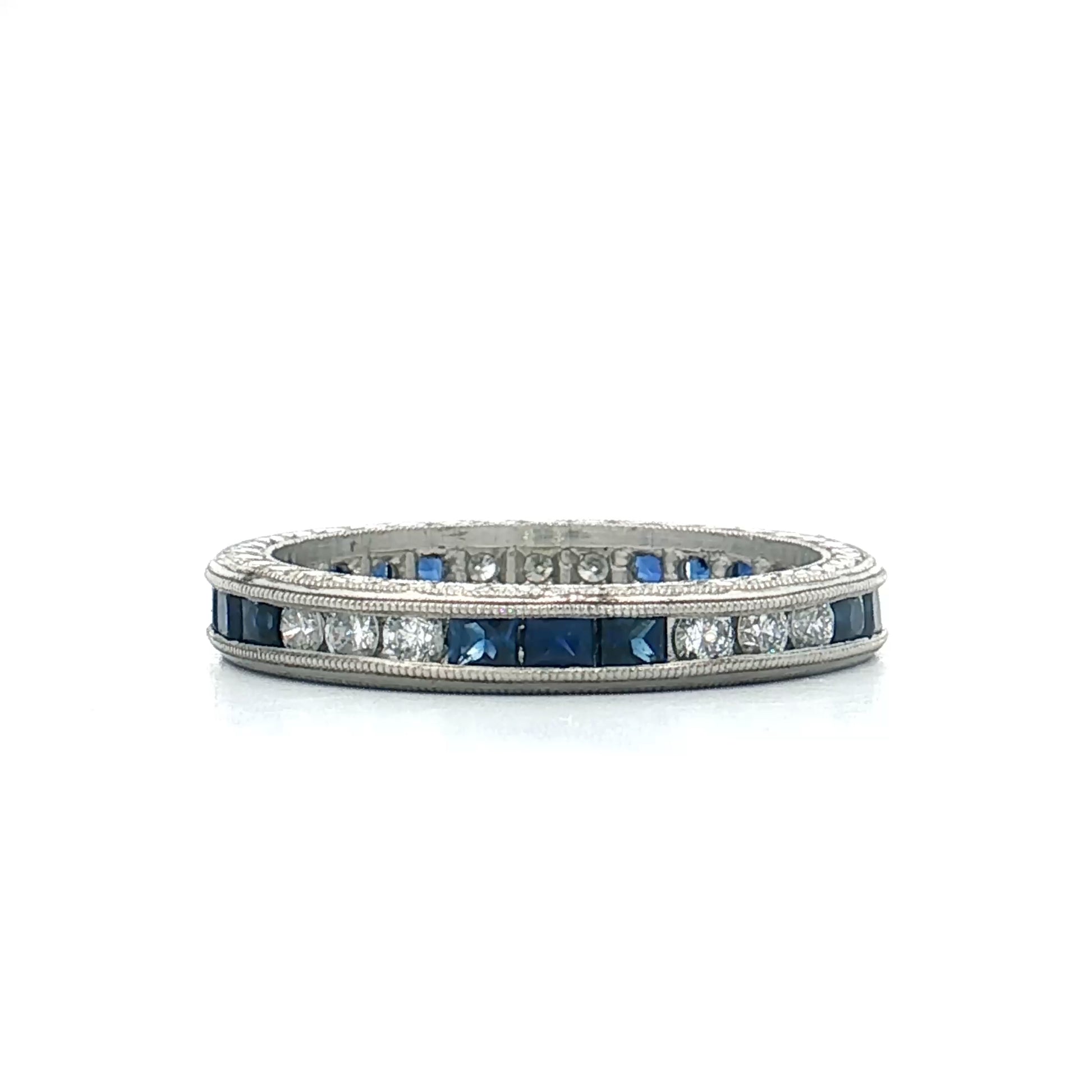 Square Cut Sapphire & RBC Diamond Wedding Band Platinum