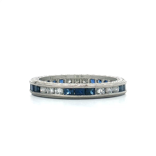 Square Cut Sapphire & RBC Diamond Wedding Band Platinum