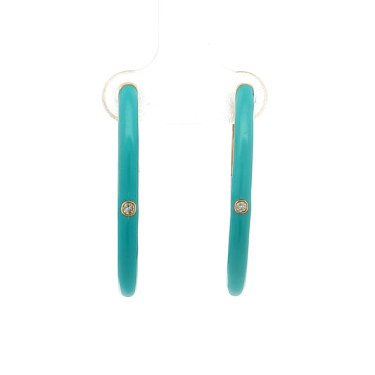 Turquoise Enamel Diamond Hoop Earrings 14k
