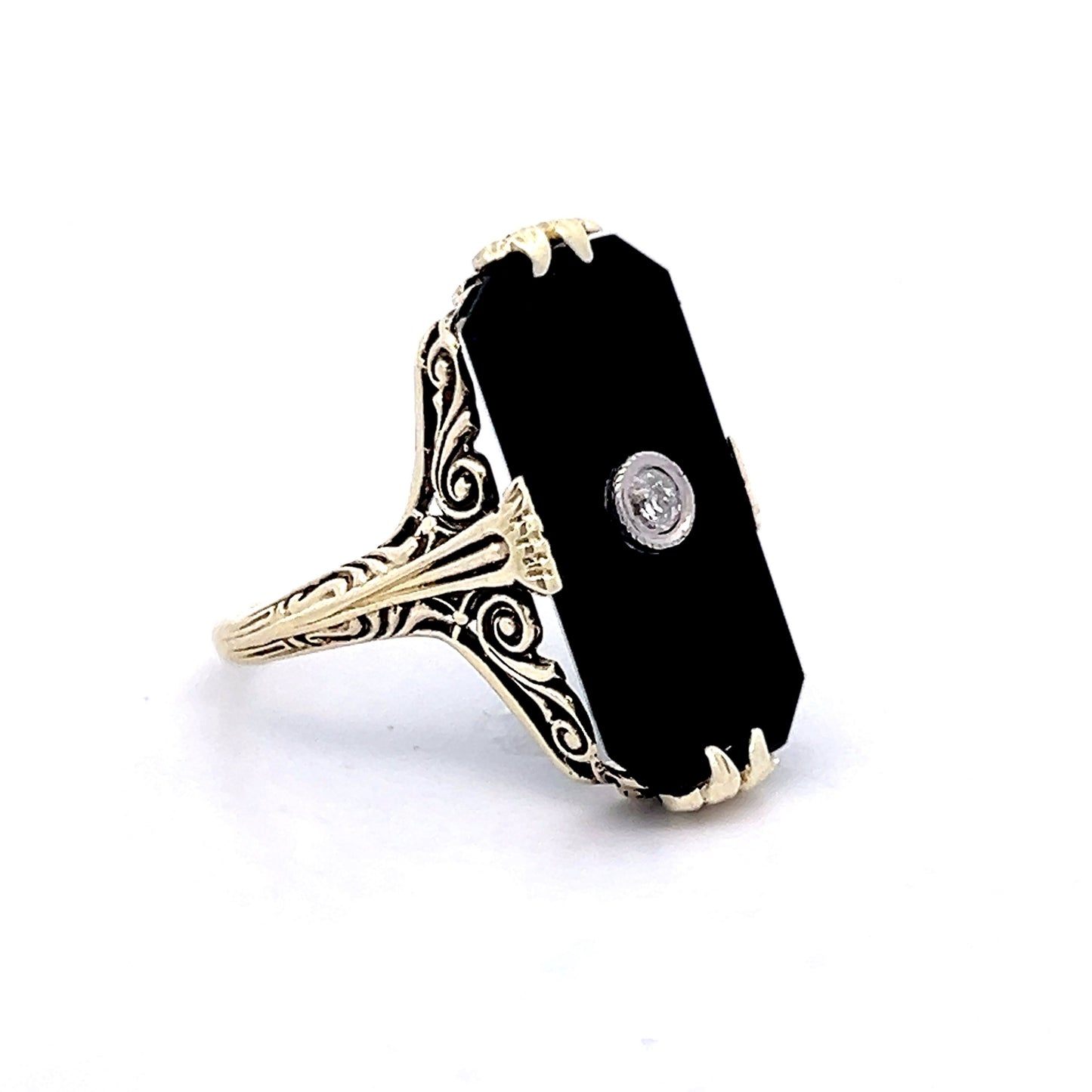 Onyx & Diamond Right Hand Ring in 14k Yellow Gold