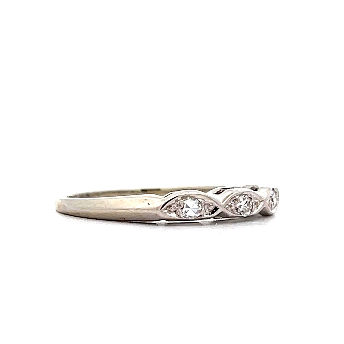 .09 Vintage 3 Stone Wedding Band in 14k White Gold