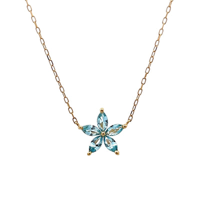 Blue Topaz Flower Pendant Necklace in 14k Yellow Gold