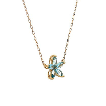 Blue Topaz Flower Pendant Necklace in 14k Yellow Gold