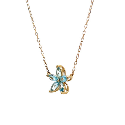 Blue Topaz Flower Pendant Necklace in 14k Yellow Gold