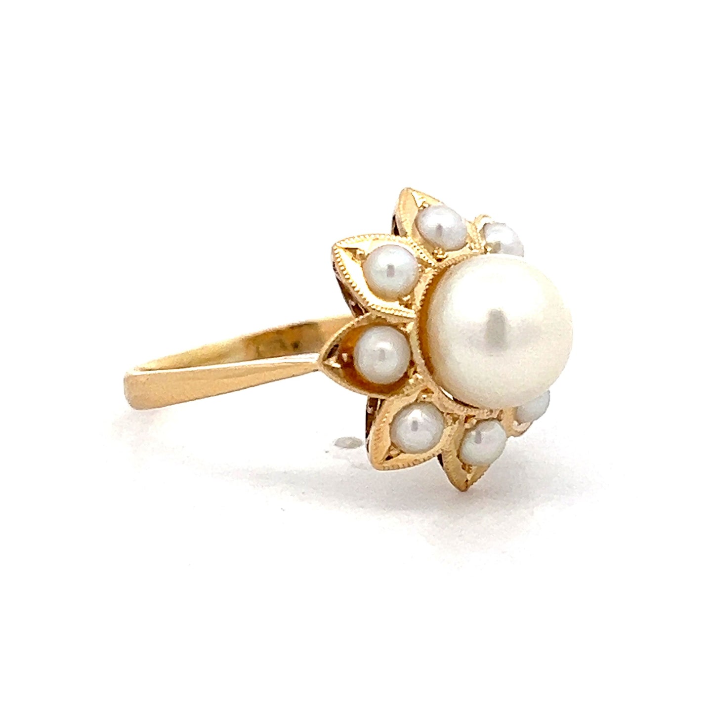 Pearl Floral Halo Cocktail Ring in 18k Yellow Gold