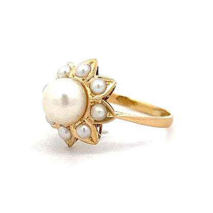 Pearl Floral Halo Cocktail Ring in 18k Yellow Gold