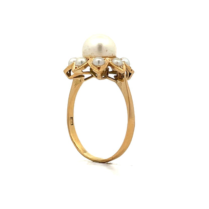 Pearl Floral Halo Cocktail Ring in 18k Yellow Gold