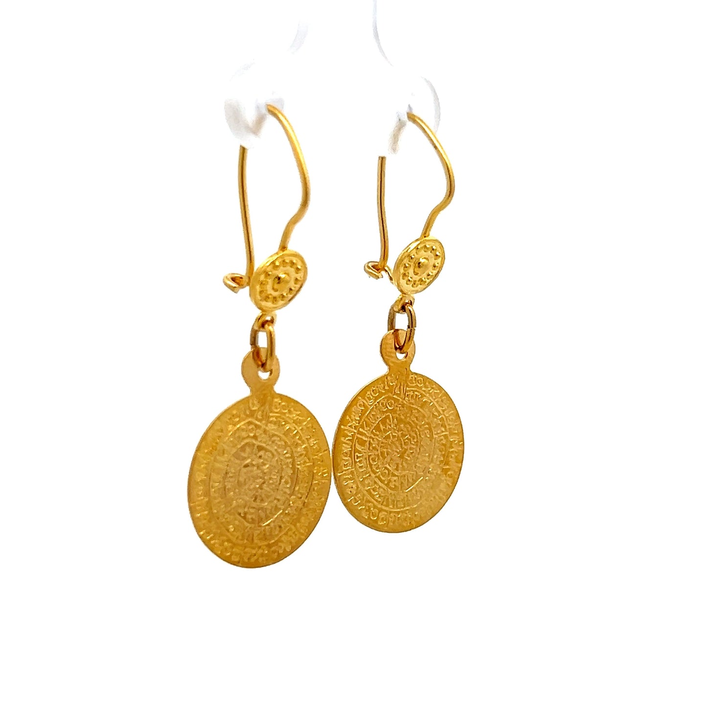 Engraved Coin Drop Earrings in 14k Yellow Gold