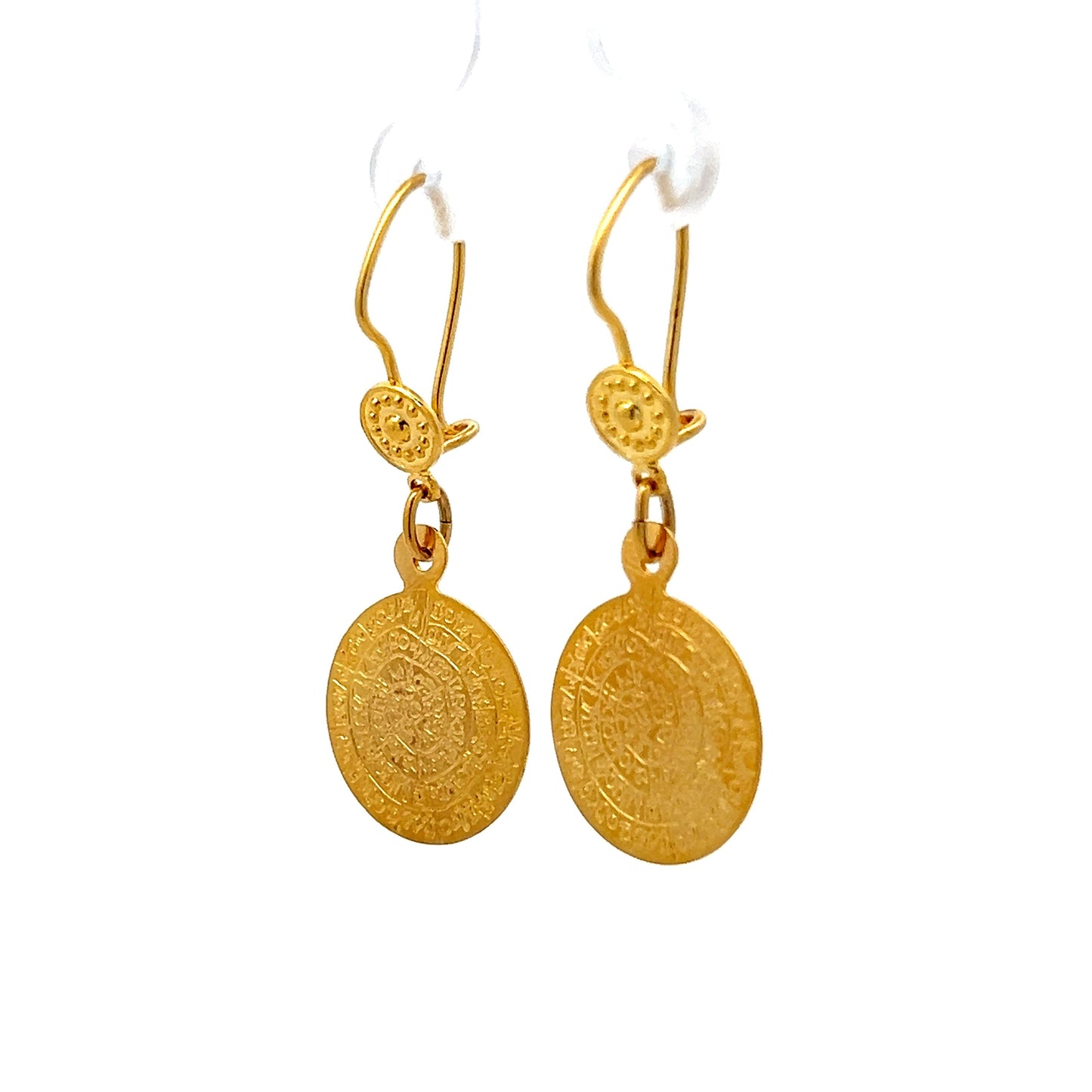 Engraved Coin Drop Earrings in 14k Yellow Gold