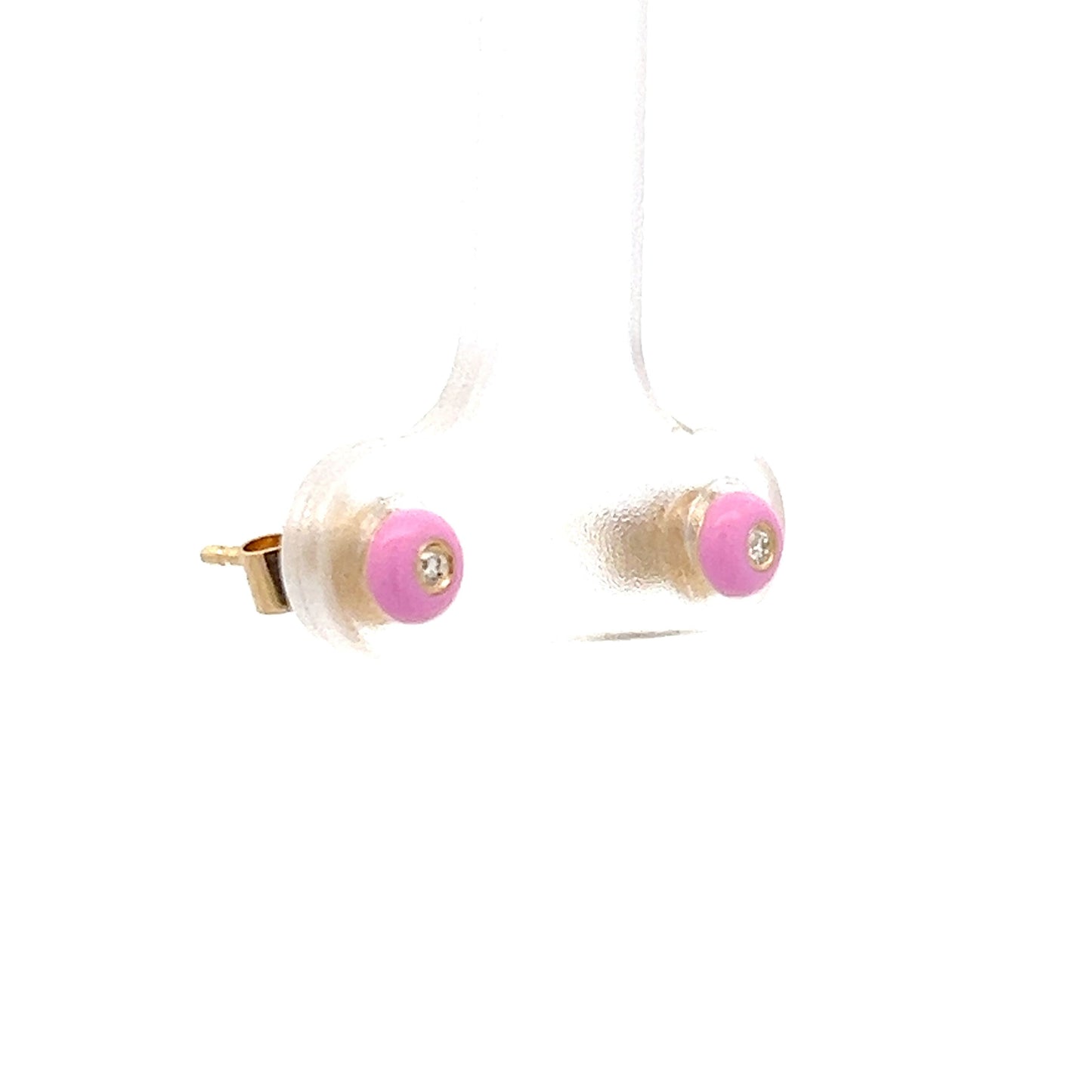 .03 Round Diamond & Pink Enamel Stud Earrings in 14k