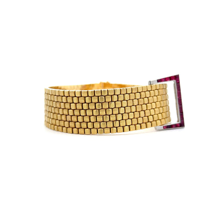 Vintage Retro Ruby Buckle Bracelet in 18k Yellow Gold