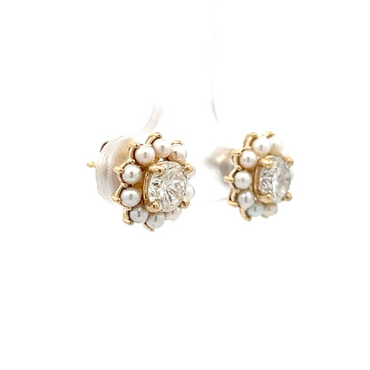 1.00 Round Diamond & Pearl Stud Earrings in 14k