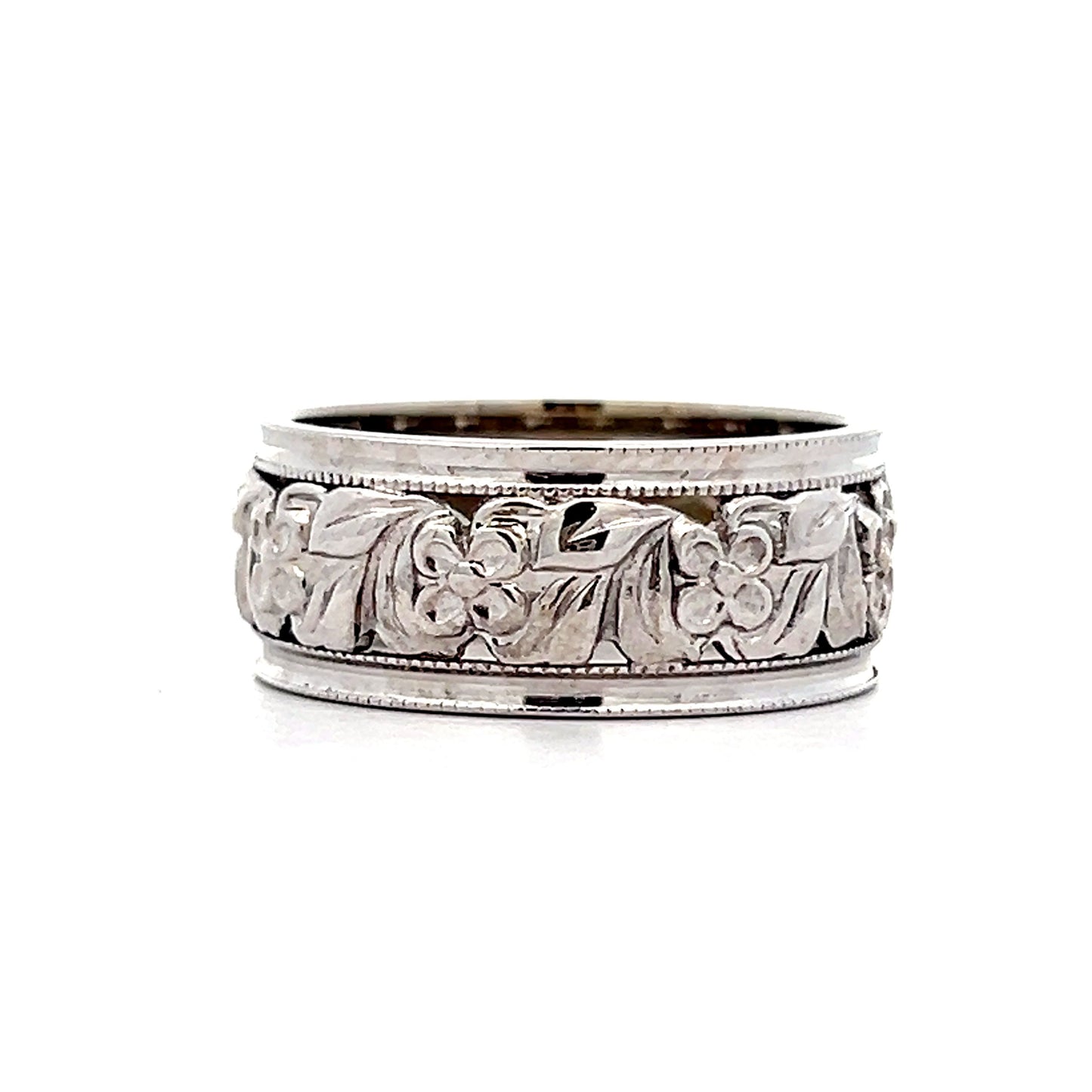 Mens Vintage Floral Blossom Band in 14k White Gold