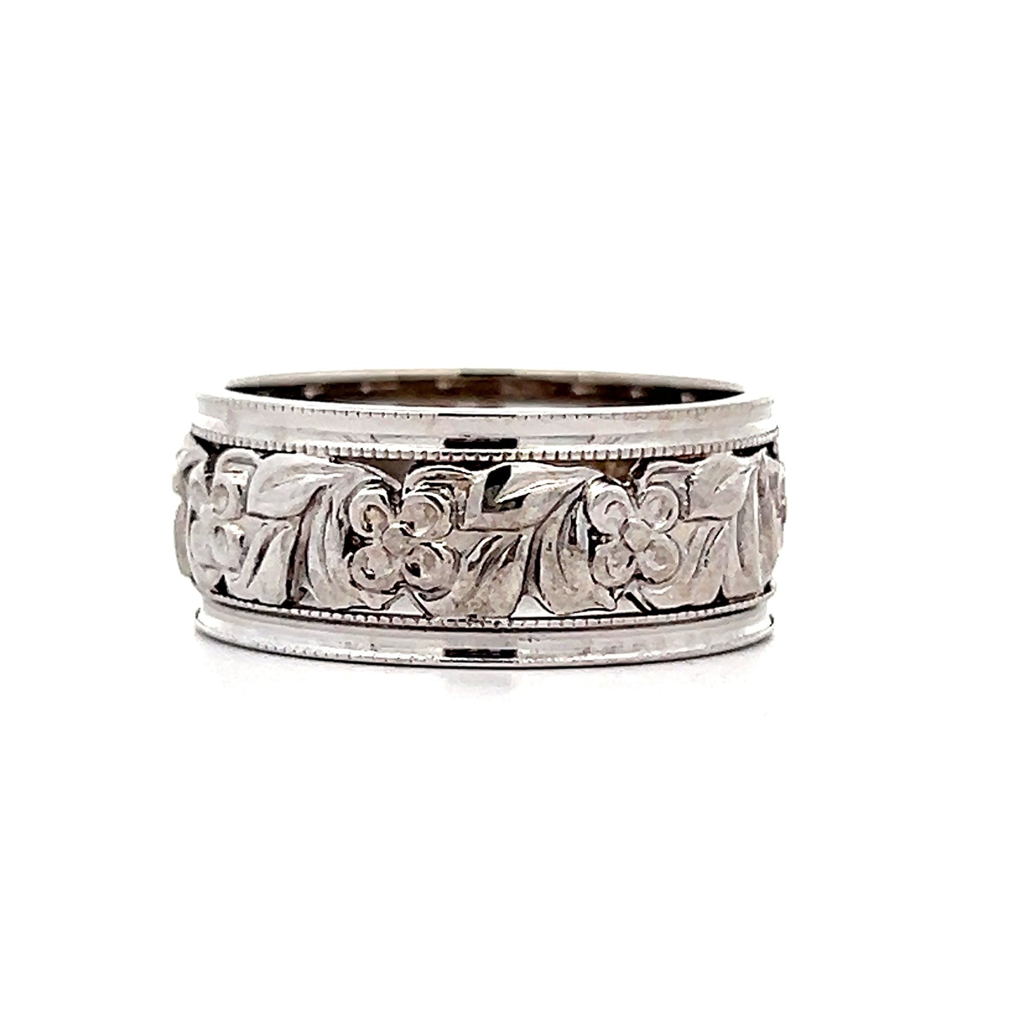 Mens Vintage Floral Blossom Band in 14k White Gold