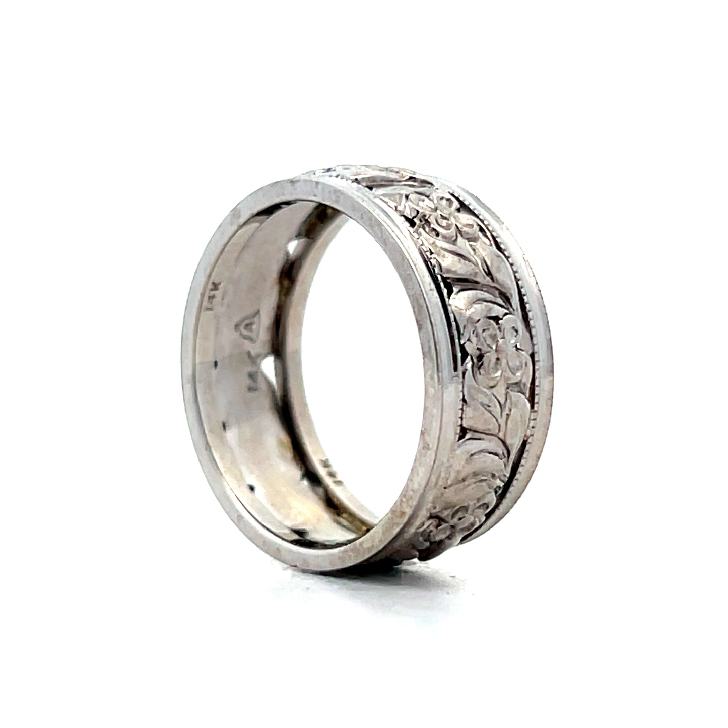 Mens Vintage Floral Blossom Band in 14k White Gold