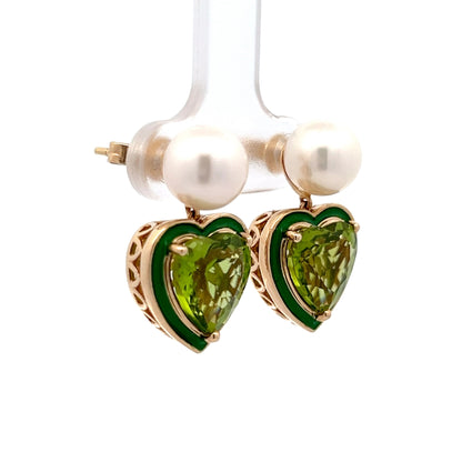 6.70 Heart Shaped Peridot & Pearl Drop Earrings in 14k