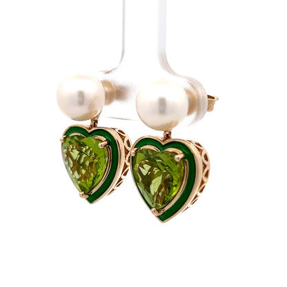 6.70 Heart Shaped Peridot & Pearl Drop Earrings in 14k