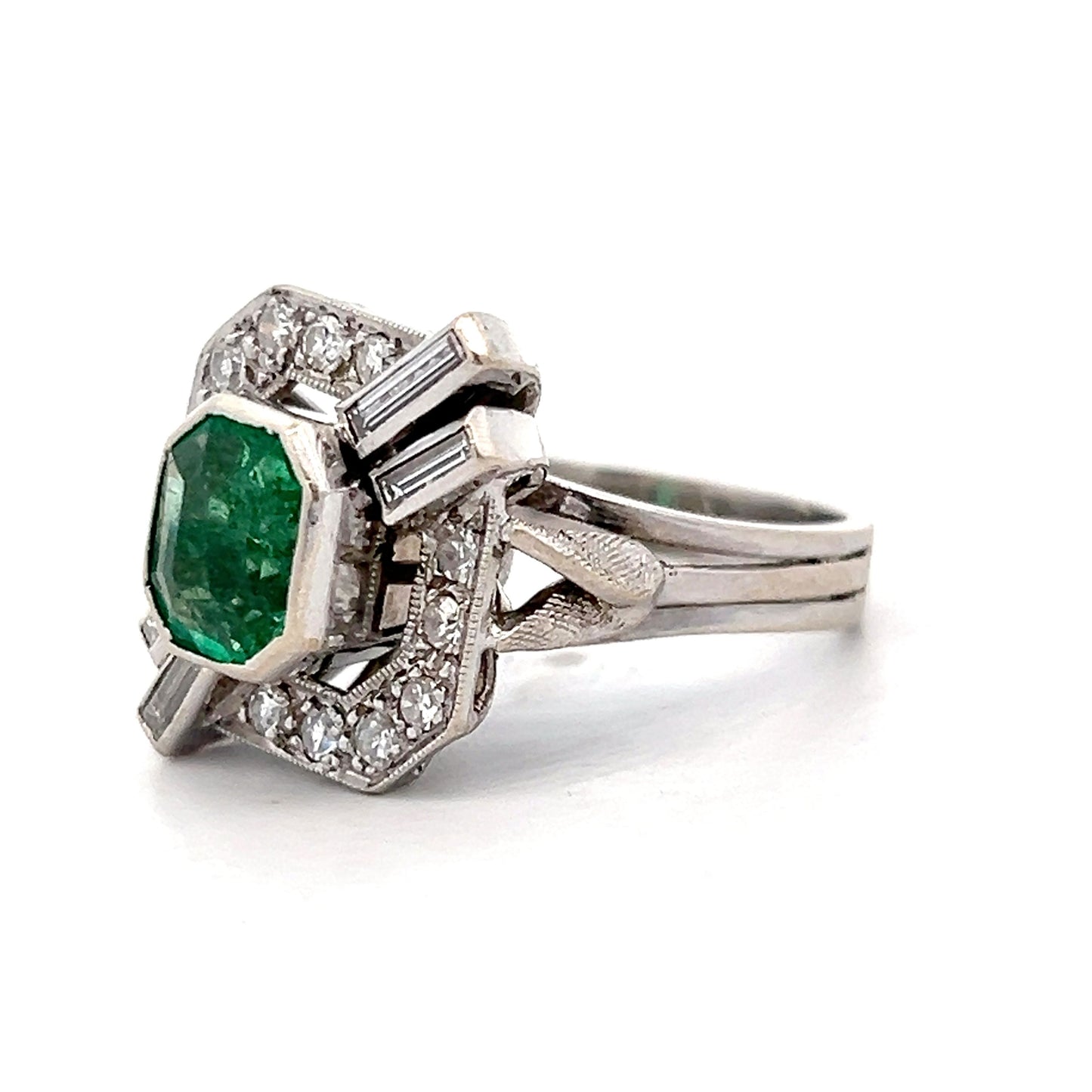 1.93 Antique Deco Emerald & Diamond Cocktail Ring in 18k