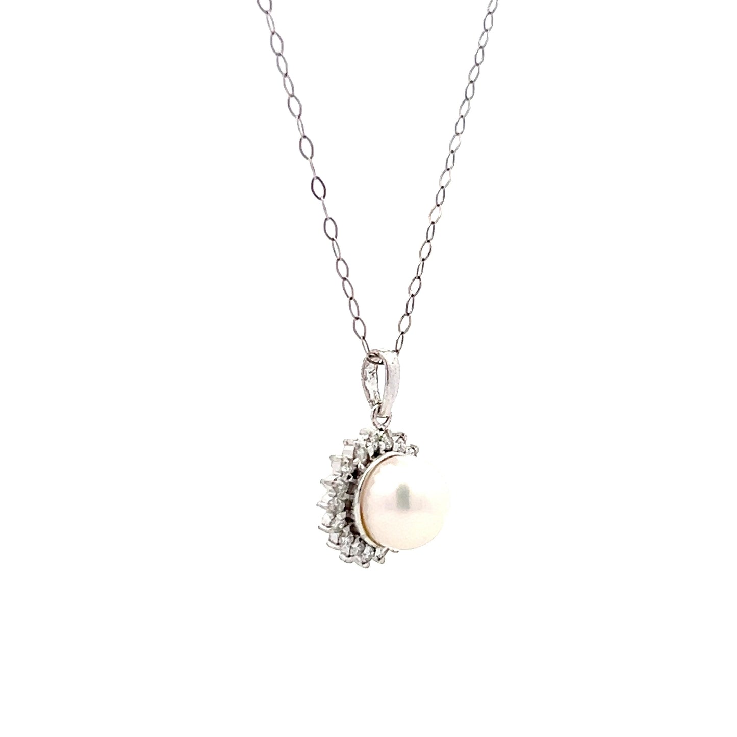 Pearl & Diamond Halo Pendant in 14k White Gold