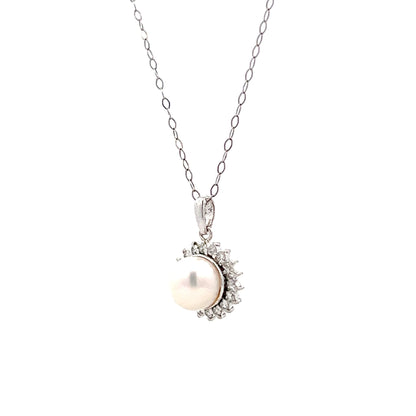 Pearl & Diamond Halo Pendant in 14k White Gold