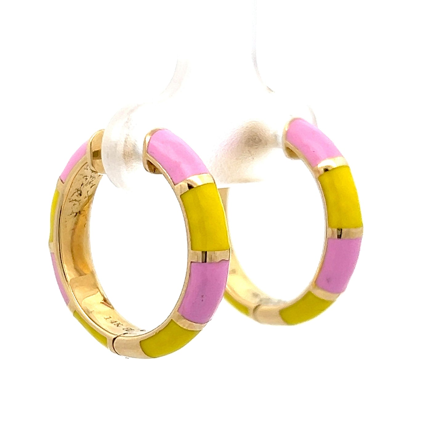 Pink & Yellow Enamel Hoop Earrings in 14k