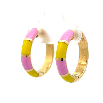 Pink & Yellow Enamel Hoop Earrings in 14k