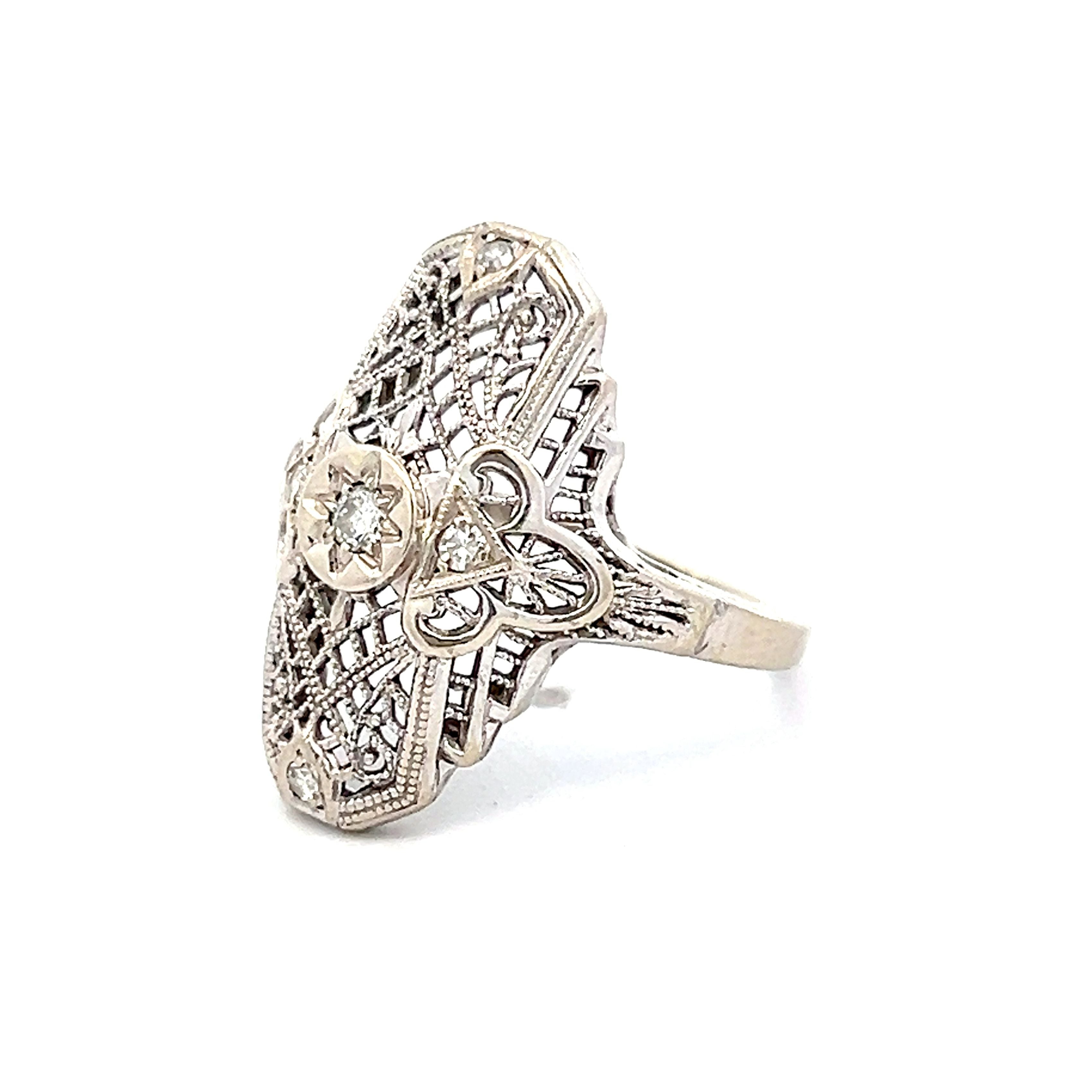 Geometric Late Art Deco Vintage Ring, 2.3 Ct Diamond Ring, store 14K White Gold, Estate Filigree Ring, Iconic Retro Anniversary Ring, Antique Ring