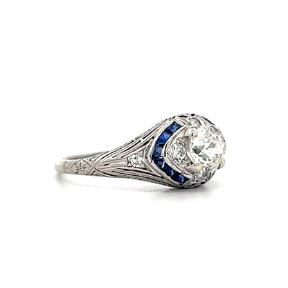 .52 Art Deco Diamond & Sapphire Engagement Ring in Platinum