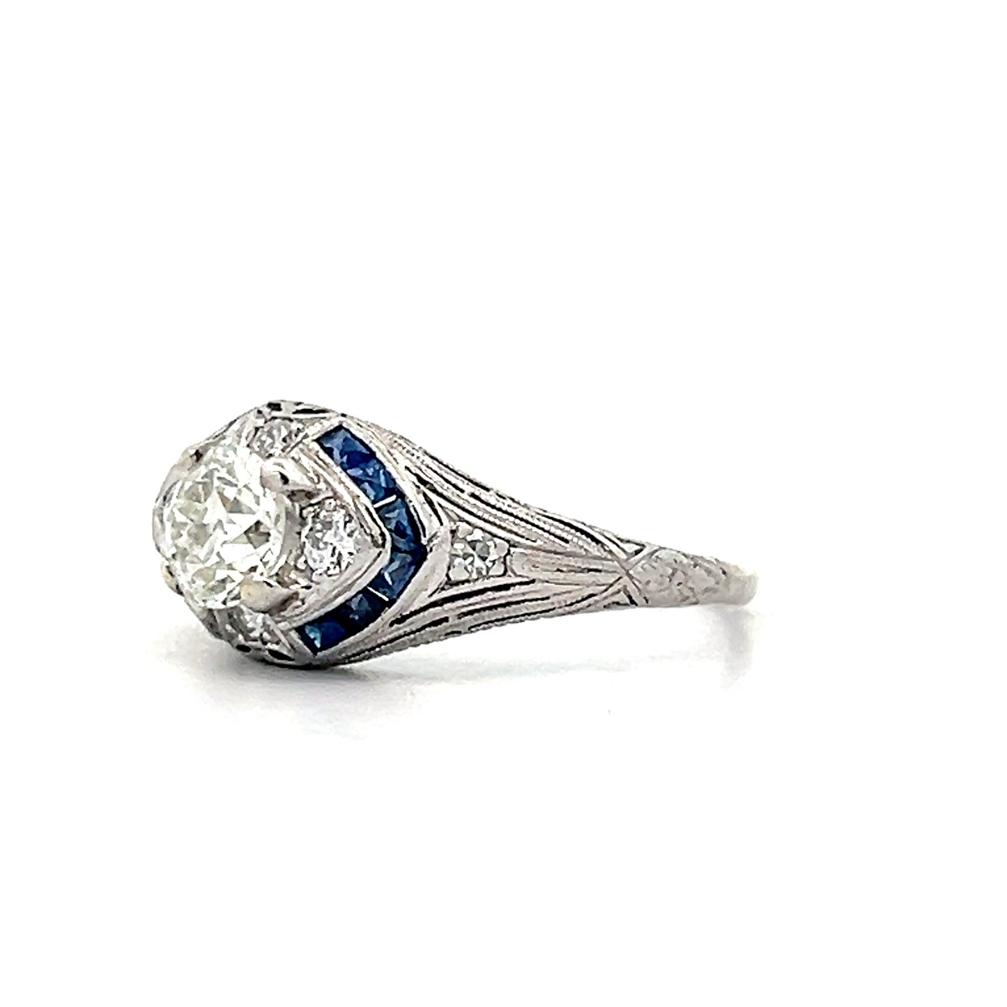 .52 Art Deco Diamond & Sapphire Engagement Ring in Platinum