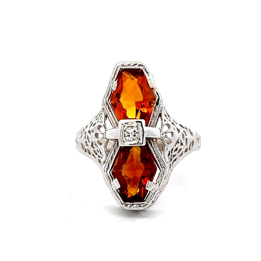 2.28 Art Deco Shield Cut Citrine Right Hand Ring in 14k White Gold