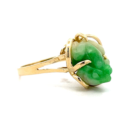 Carved Jadeite Frog Cocktail Ring in 14k Yellow Gold