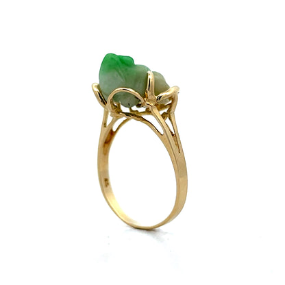 Carved Jadeite Frog Cocktail Ring in 14k Yellow Gold