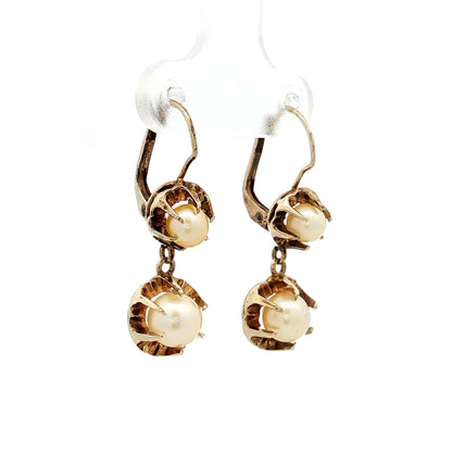 Antique Victorian Pearl Drop Earrings in 14k Yellow Gold