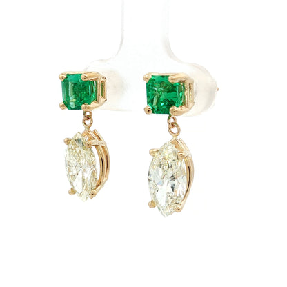 3.02 Marquise & Emerald Drop Earrings in 14k Yellow Gold