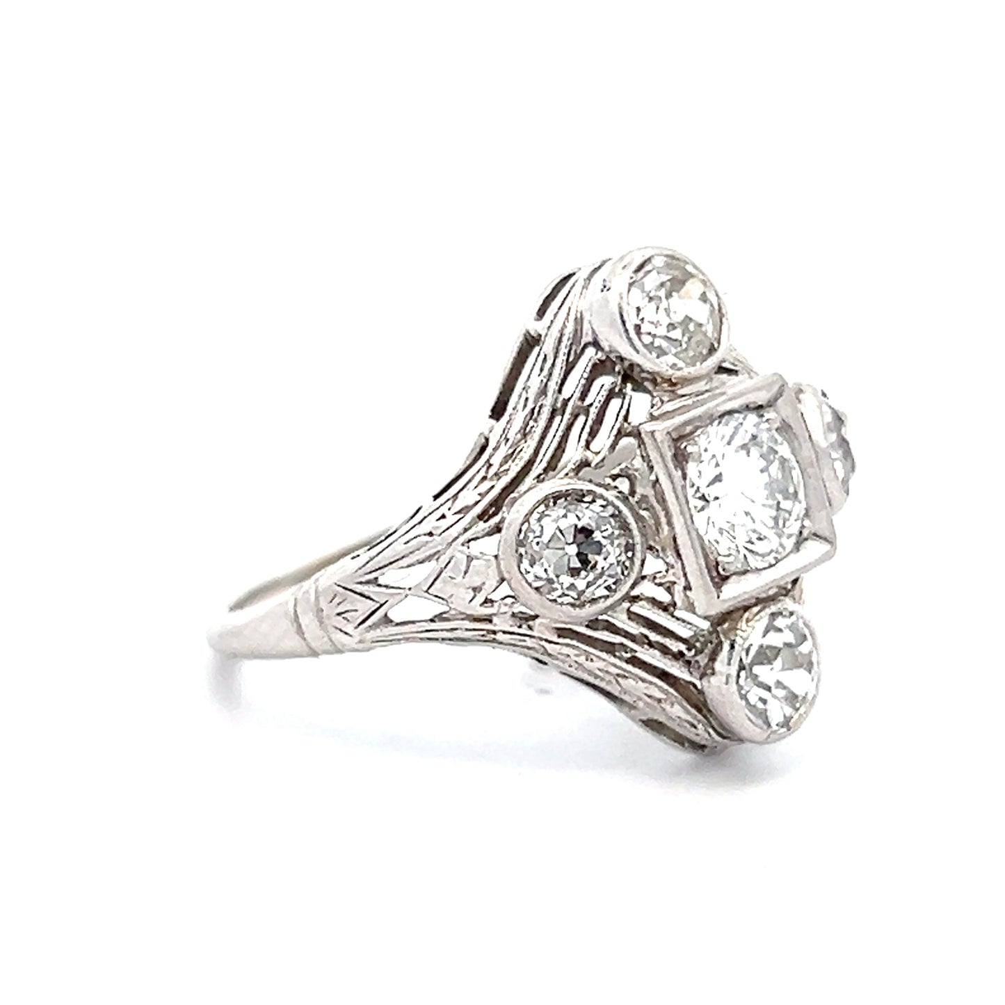.44 Antique Filigree Art Deco Cocktail Ring in 14k White Gold