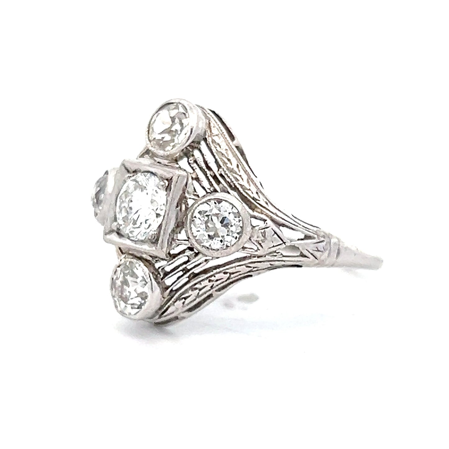 .44 Antique Filigree Art Deco Cocktail Ring in 14k White Gold