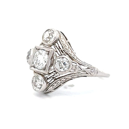 .44 Antique Filigree Art Deco Cocktail Ring in 14k White Gold