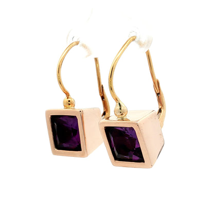 7 Carat Square Amethyst Bezel Dangle Earrings in 14k