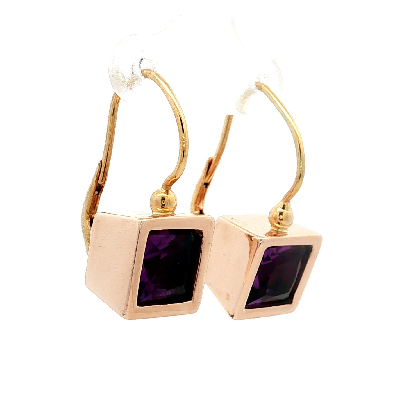 7 Carat Square Amethyst Bezel Dangle Earrings in 14k