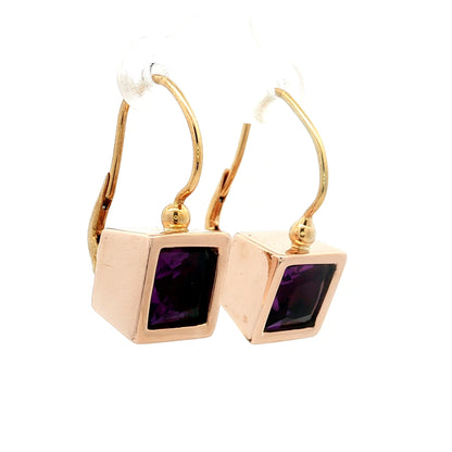 7 Carat Square Amethyst Bezel Dangle Earrings in 14k