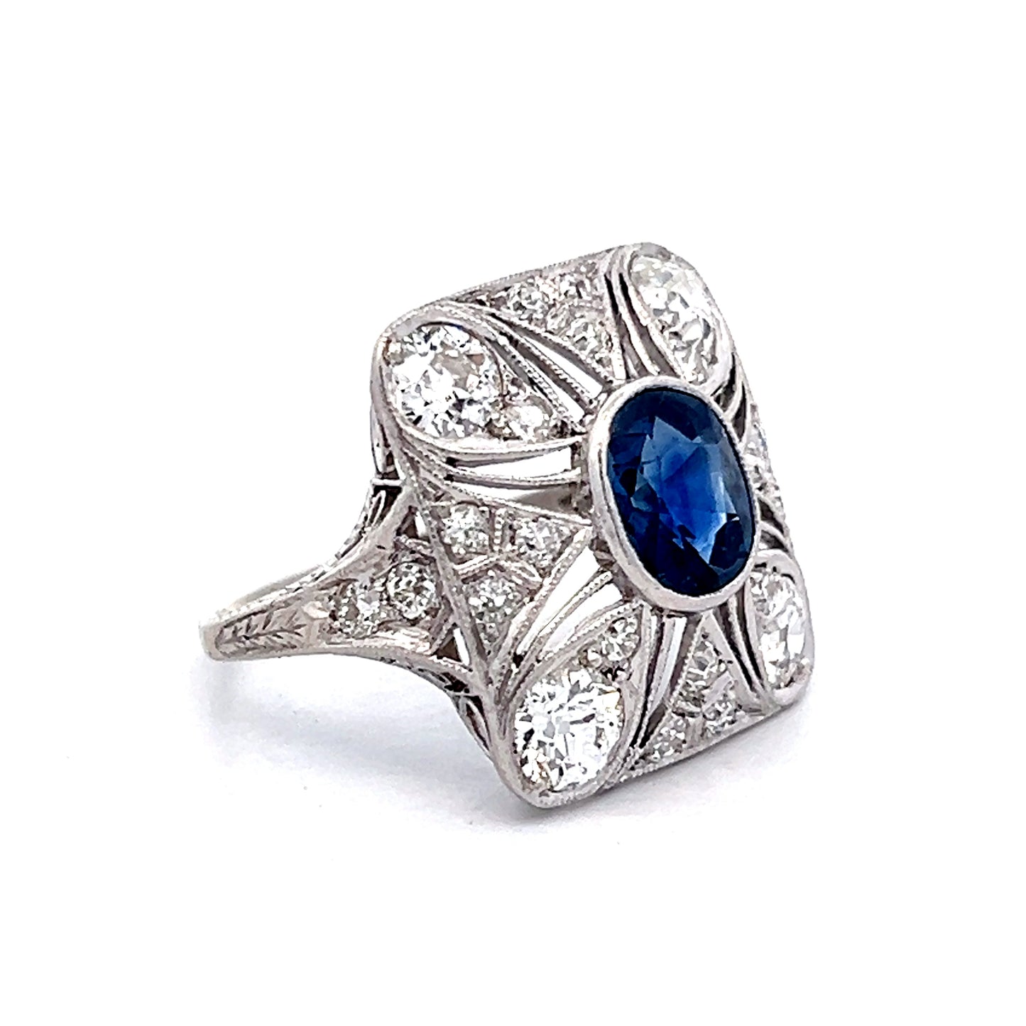 1.67 Vintage Deco Sapphire & Diamond Cocktail Ring in Platinum
