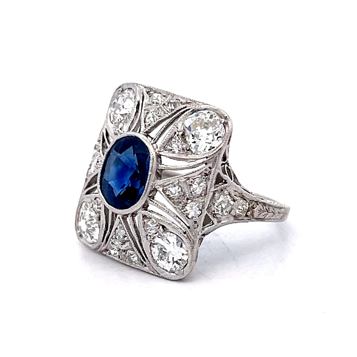 1.67 Vintage Deco Sapphire & Diamond Cocktail Ring in Platinum