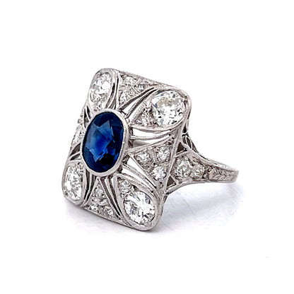 1.67 Vintage Deco Sapphire & Diamond Cocktail Ring in Platinum