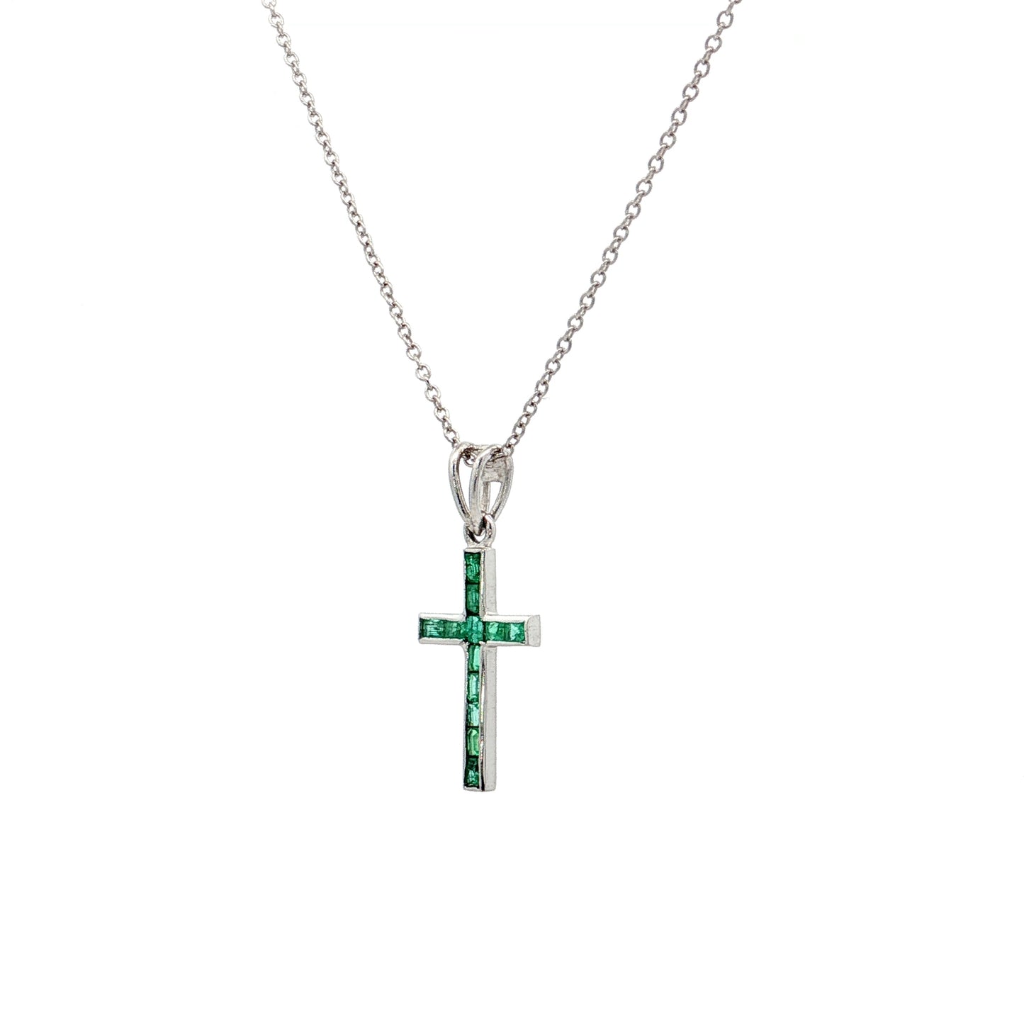 .24 Emerald Cross Pendant Necklace in 14k White Gold