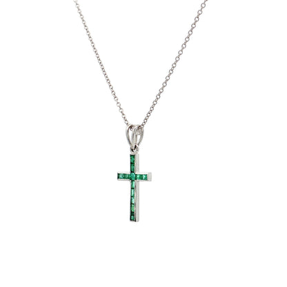 .24 Emerald Cross Pendant Necklace in 14k White Gold