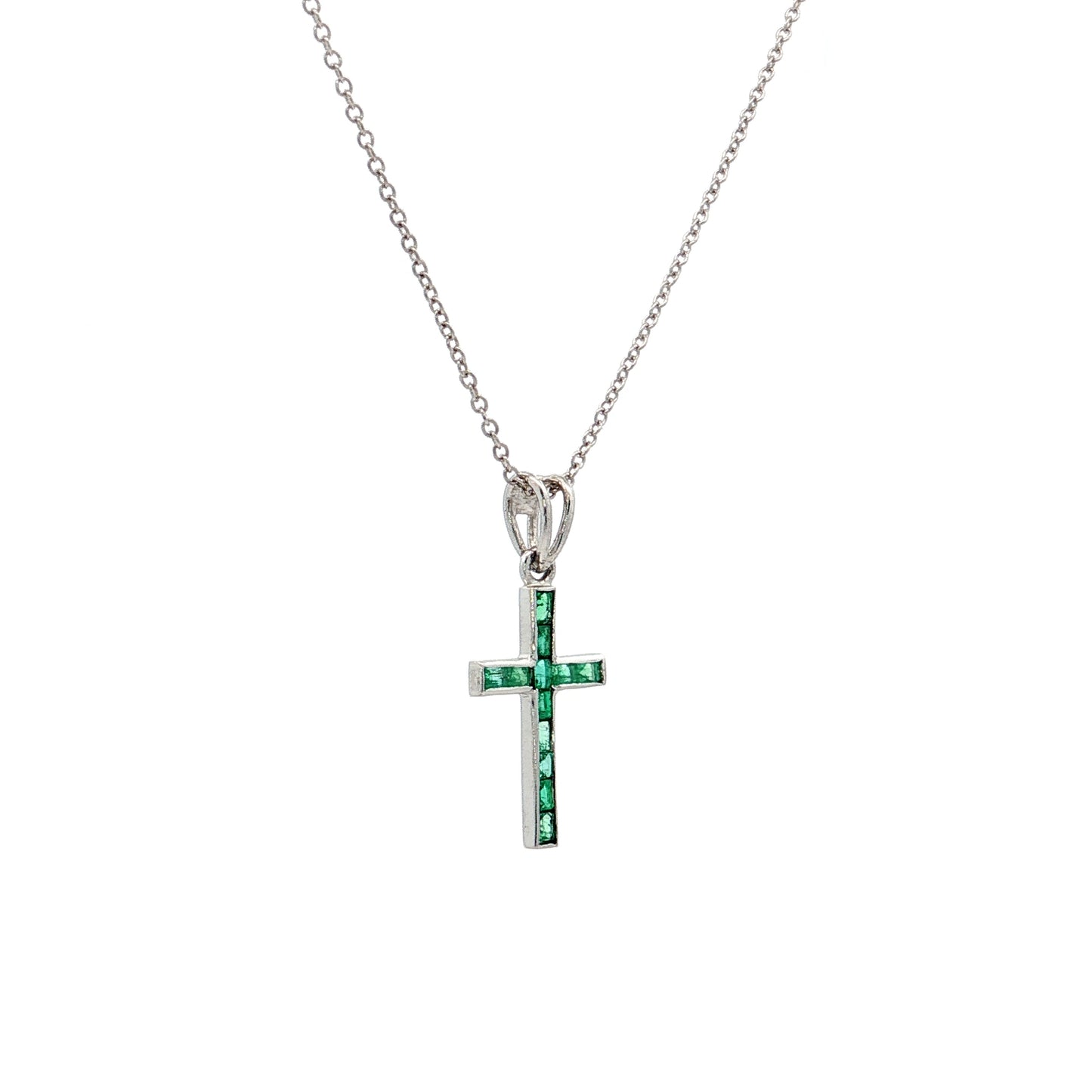 .24 Emerald Cross Pendant Necklace in 14k White Gold