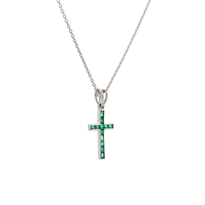 .24 Emerald Cross Pendant Necklace in 14k White Gold